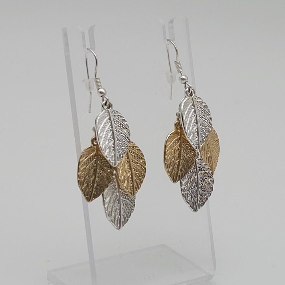 Gold Silver Two Tone Leaf Dangle Earrings 2" Drop Chandelier Nature Leaves E1